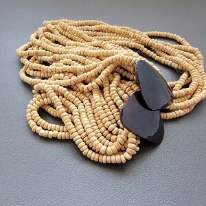 Vintage Multi-Strand Wood Bead Necklace with Polished Shell Clasp